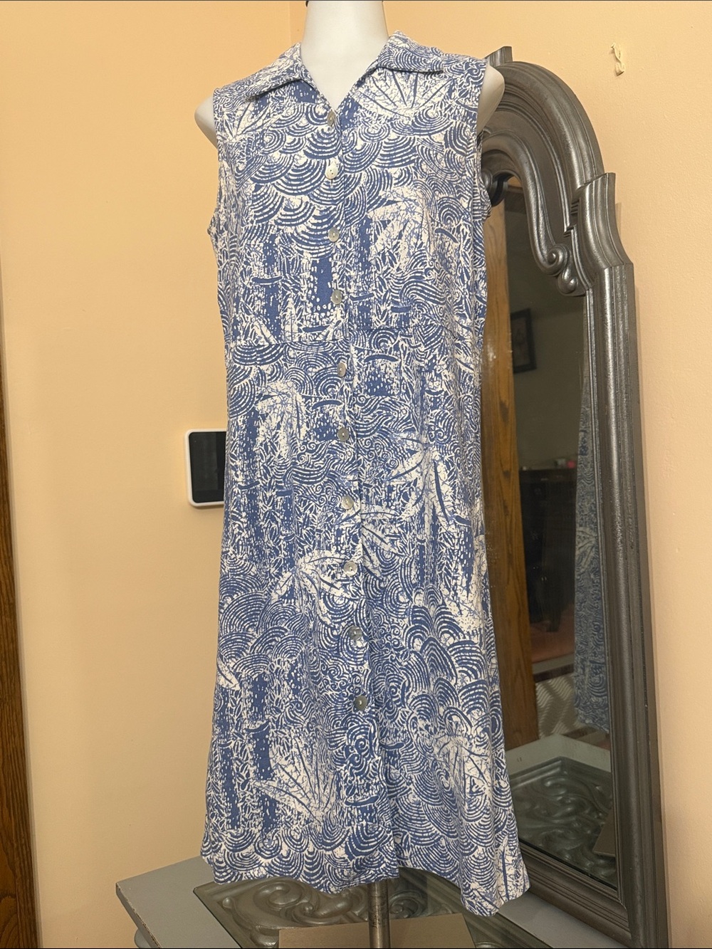 Vintage Coldwater Creek 12 Blue White Sleeveless Collared Button-Front Dress